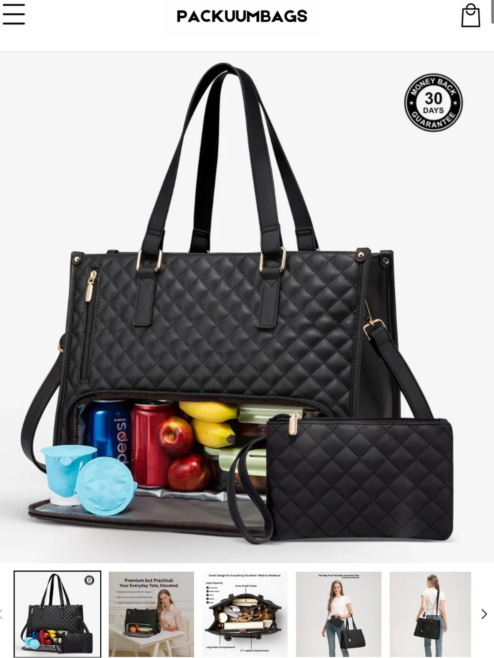 3-in-1 Black Quilted Tote with Removable Wristlet